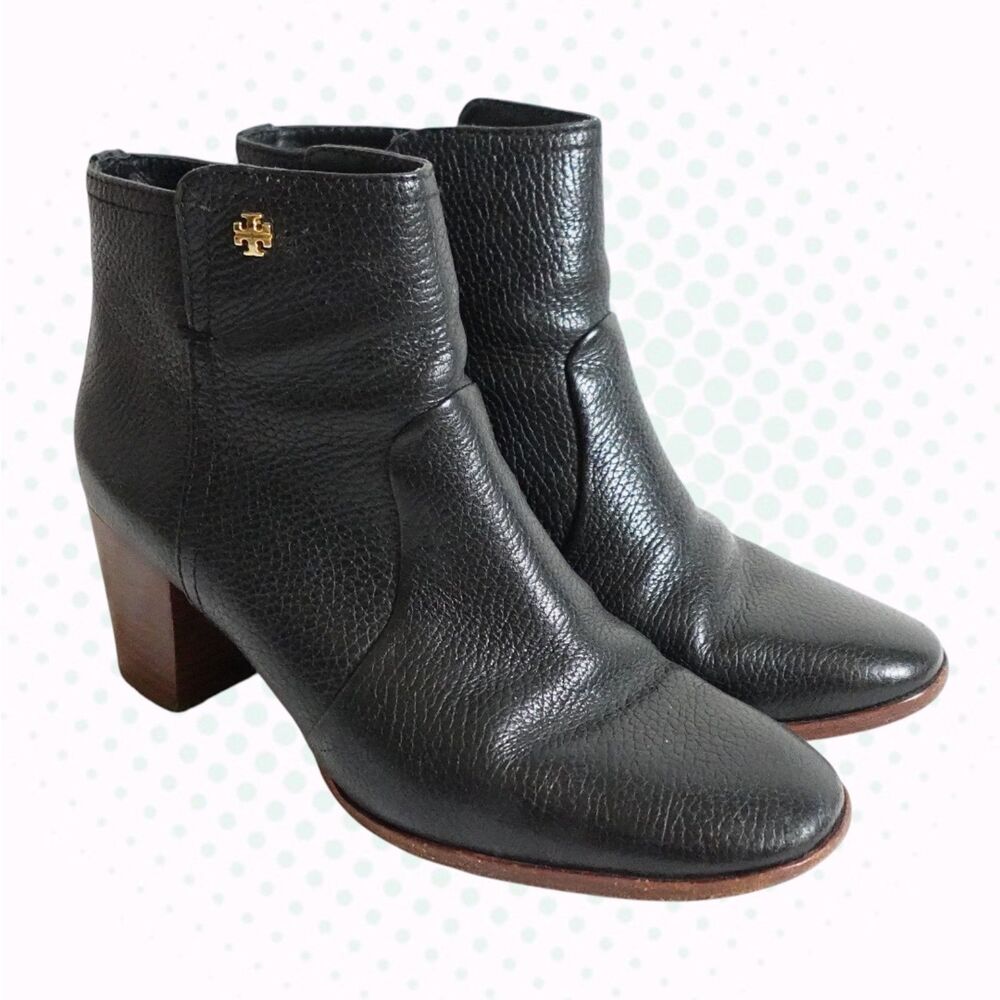 Tory Burch Black Pebbled Leather Pointed Toe Heel Chelsea Ankle Boots Size 8.5